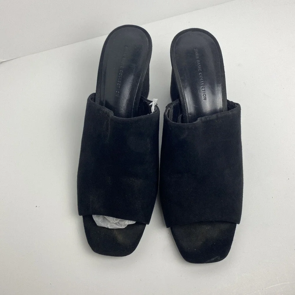 Zara‎ Women's Size 38 Chunky Heel Mules Peep Toe Black Suede Y2K Minimalistic